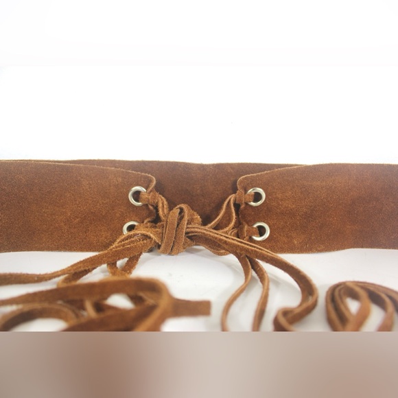 70’s Rust Brown Suede Leather Tie Belt with Long Fringe Small S M Medium Wide - Picture 3 of 6